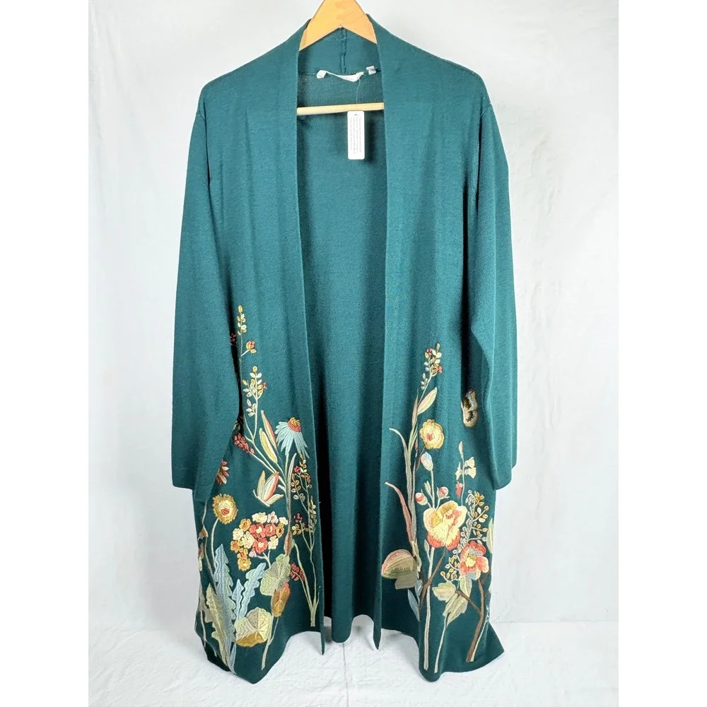 Soft Surroundings Teal Floral Embroidered Wool Blend Duster Cardigan 1X NWT